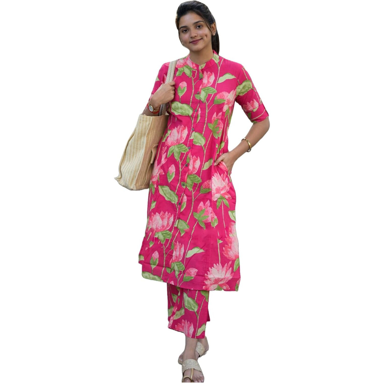 Gosriki Women's Rayon Viscose Straight Printed Kurta With Pant (Ladat Pink-Gs_Xl_Pink_X-Large)