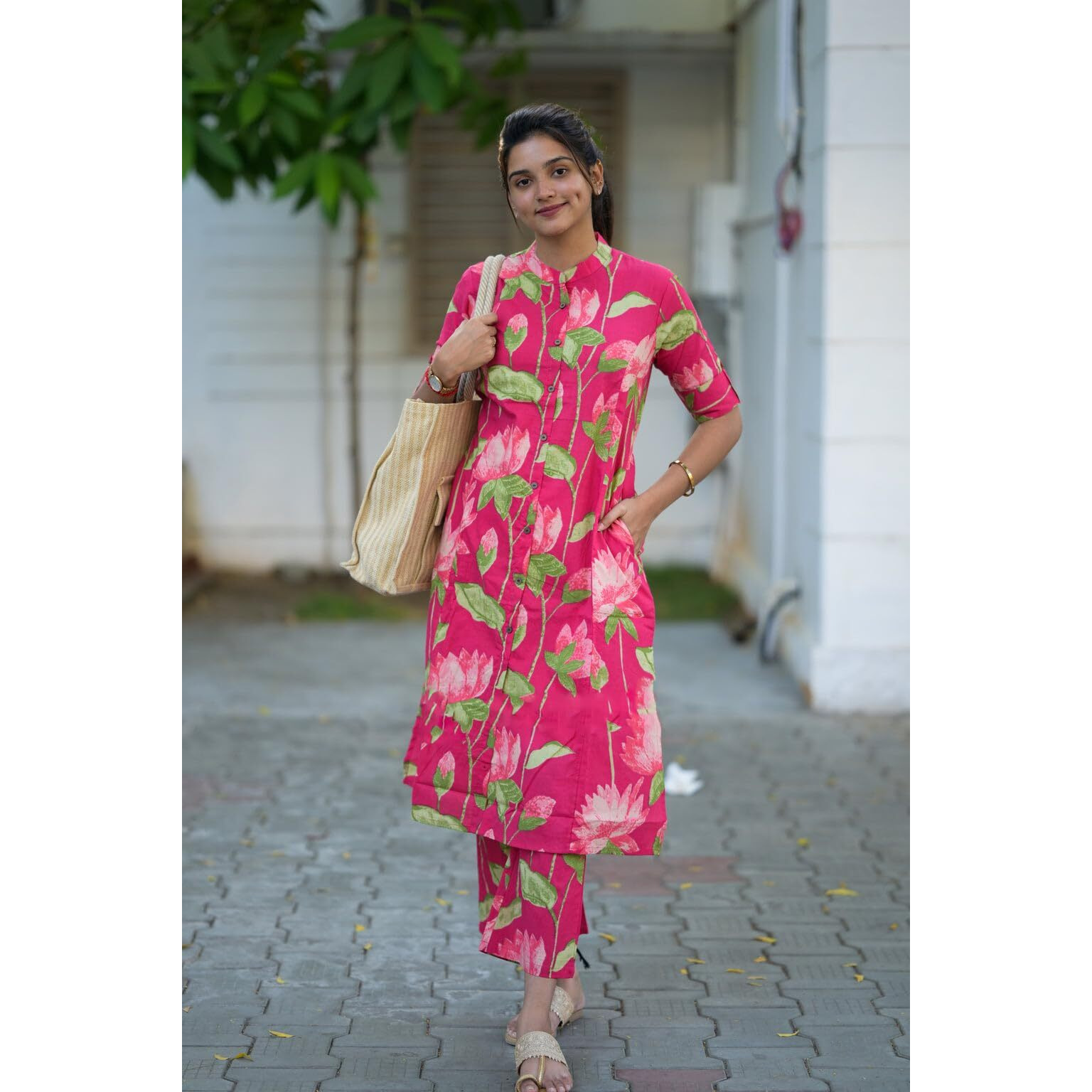 Gosriki Women's Rayon Viscose Straight Printed Kurta With Pant (Ladat Pink-Gs_Xl_Pink_X-Large)