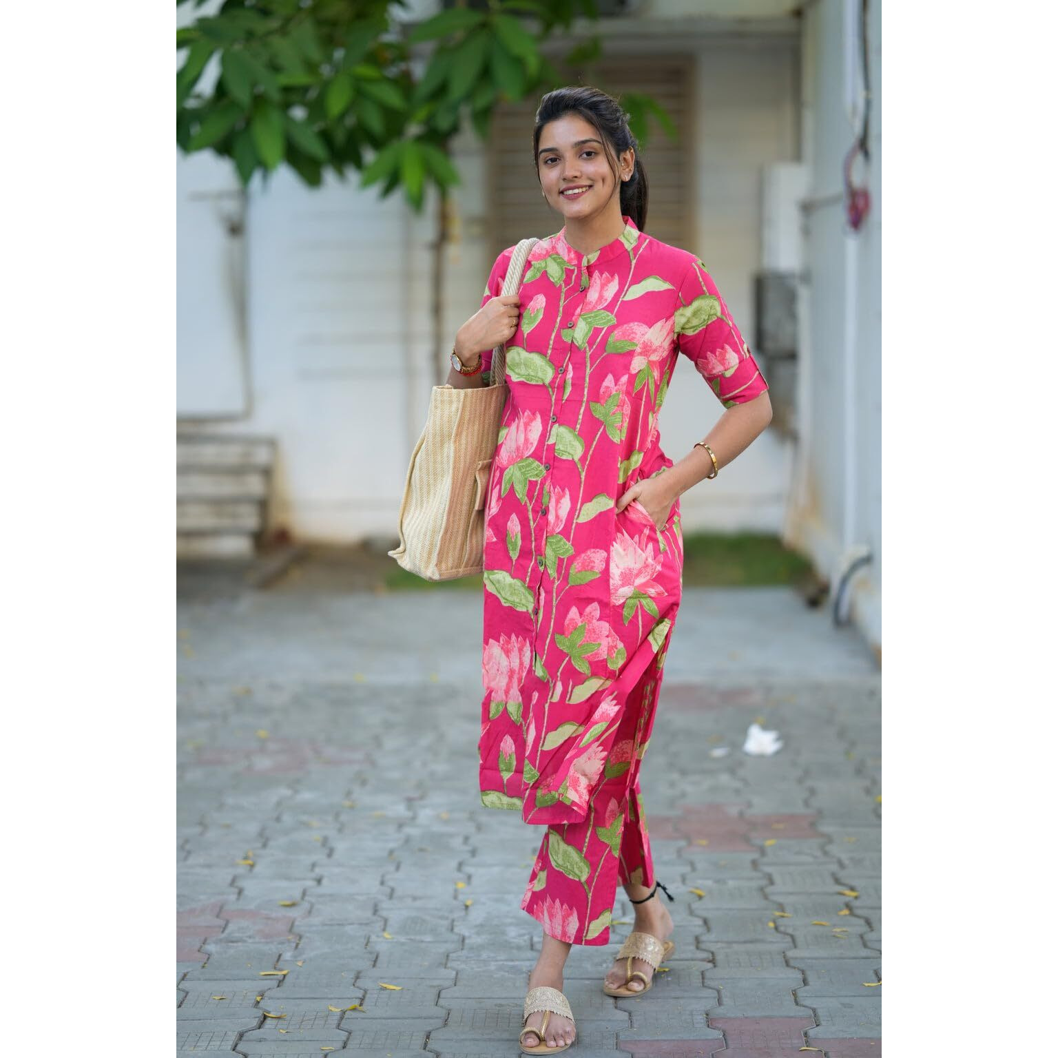 Gosriki Women's Rayon Viscose Straight Printed Kurta With Pant (Ladat Pink-Gs_Xl_Pink_X-Large)