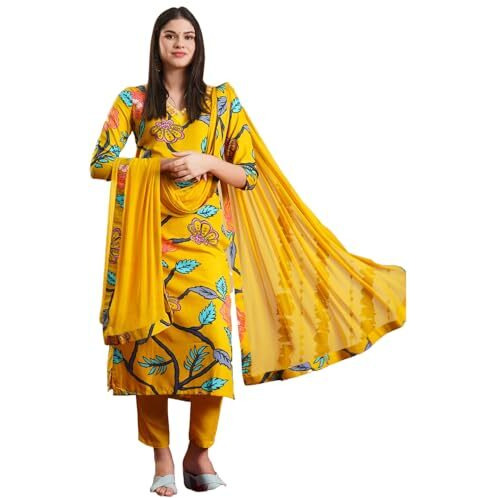Gosriki Women's Rayon Blend Straight Printed Kurta With Pant & Dupatta (Twig Yellow-Vks01-Gs_S_Yellow_Small)