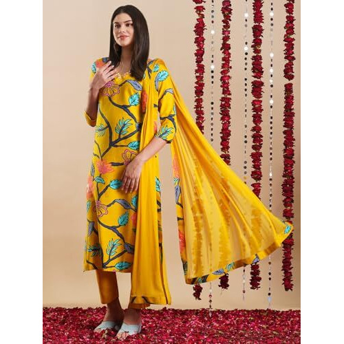 Gosriki Women's Rayon Blend Straight Printed Kurta With Pant & Dupatta (Twig Yellow-Vks01-Gs_S_Yellow_Small)