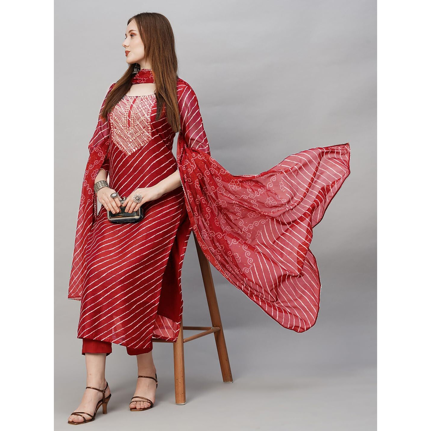 Gosriki Women's Cotton Blend Straight Embroidered Kurta With Pant & Dupatta (Doremi-Red-Nw-Gs_3Xl_Pink_Xxx-Large)