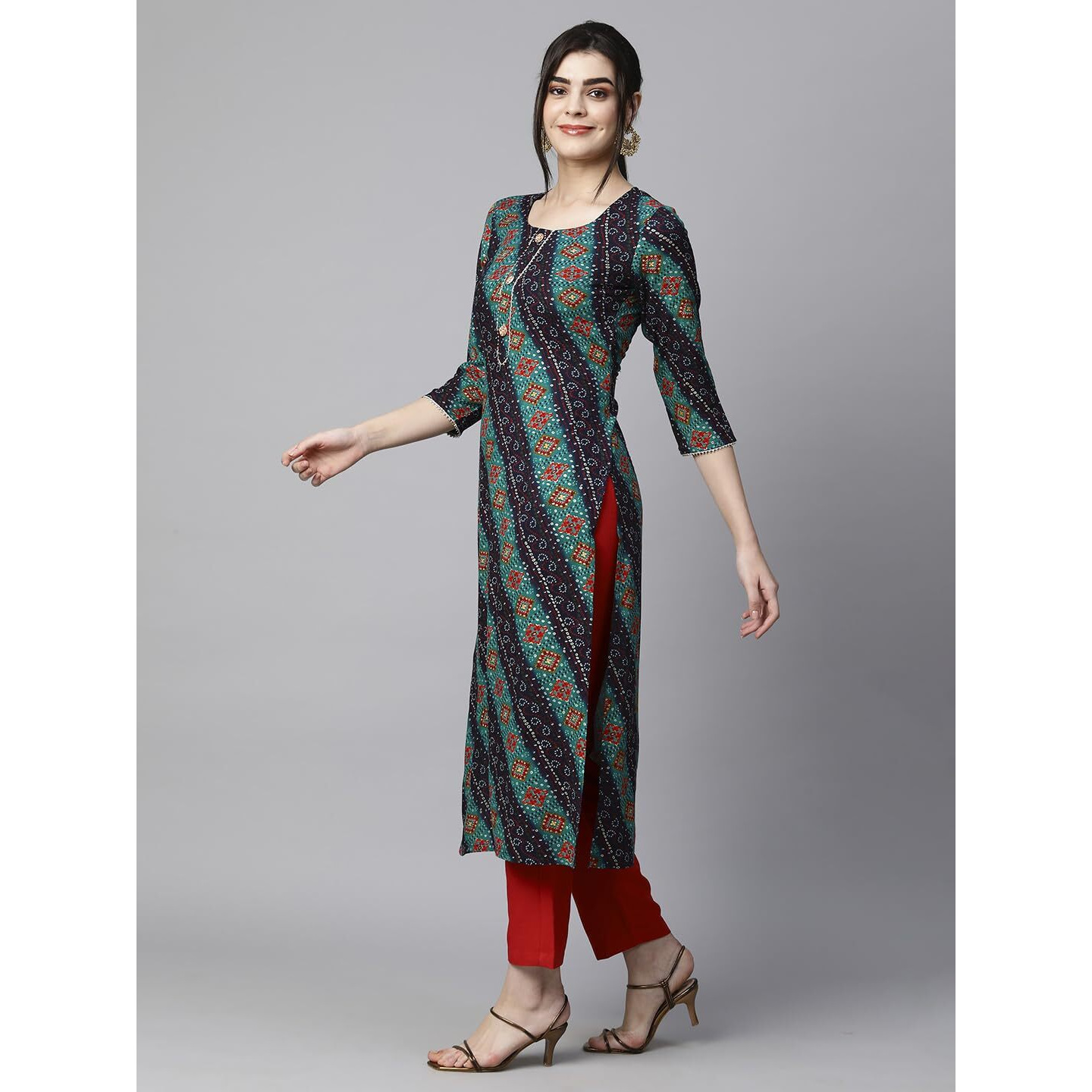 Gosriki Women's Cotton Blend Straight Printed Kurta With Pant Set (Badiya Blue-Nw-Gs_Xl_Blue_X-Large)