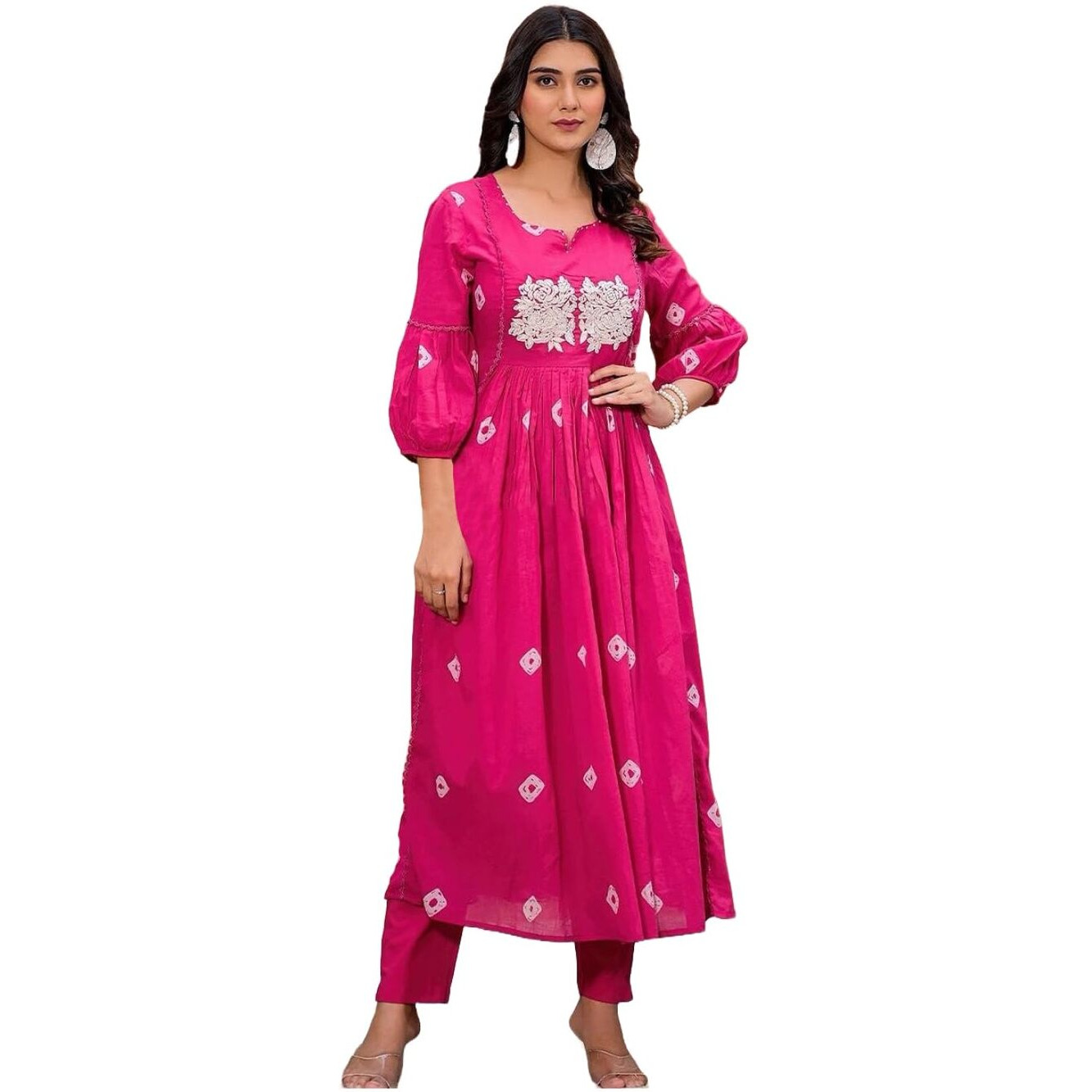 Gosriki Women's Rayon Blend Anarkali Printed Kurta With Pant (Anveshi Pink-Vks03-Gs_S_Pink_Small)