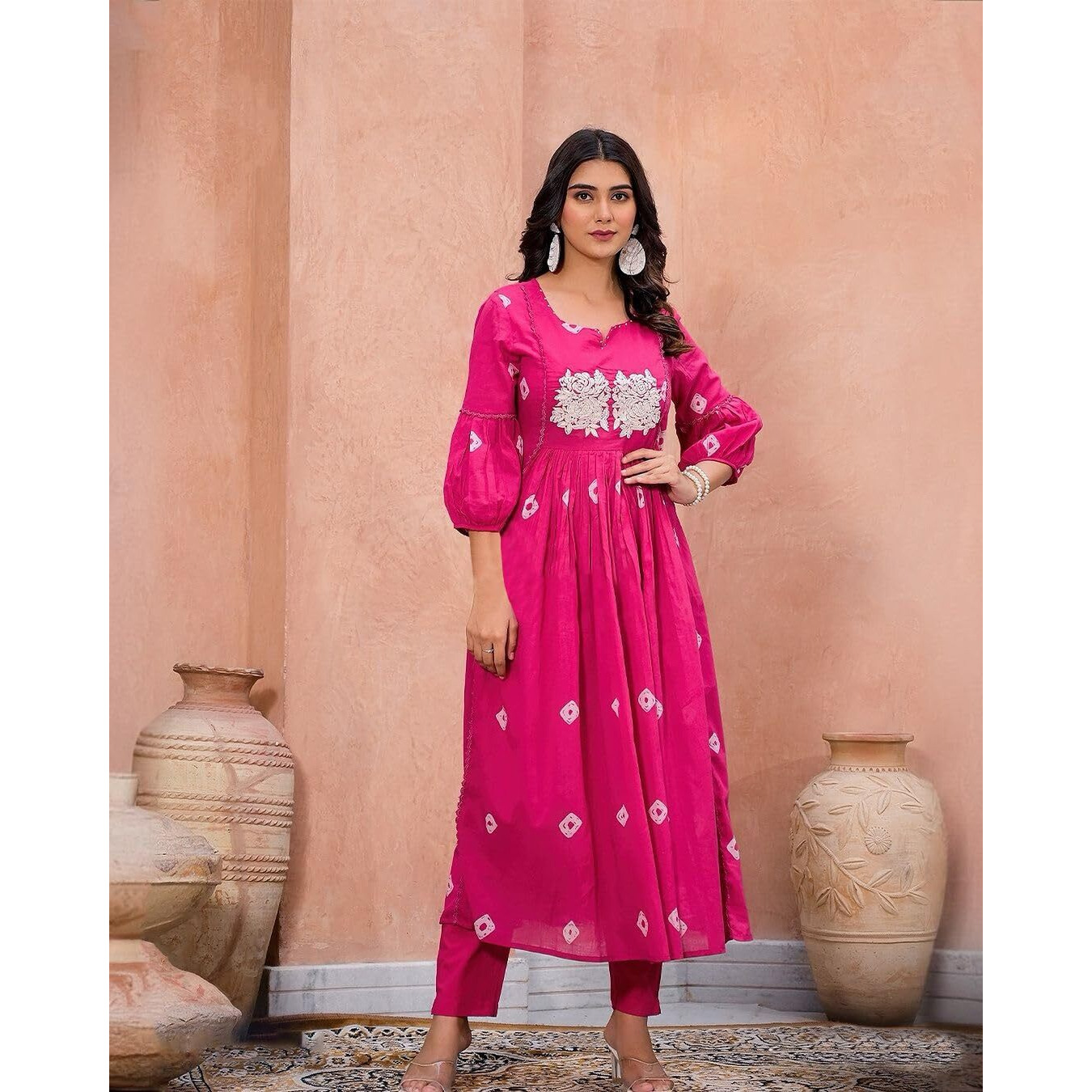 Gosriki Women's Rayon Blend Anarkali Printed Kurta With Pant (Anveshi Pink-Vks03-Gs_S_Pink_Small)