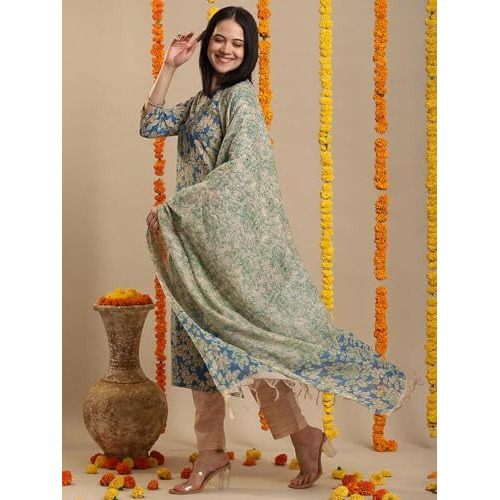 Gosriki Women's Rayon Blend Printed Straight Kurta With Pant & Dupatta (Moringa Blue-Vks04-Gs_Xxl_Blue_Xx-Large)