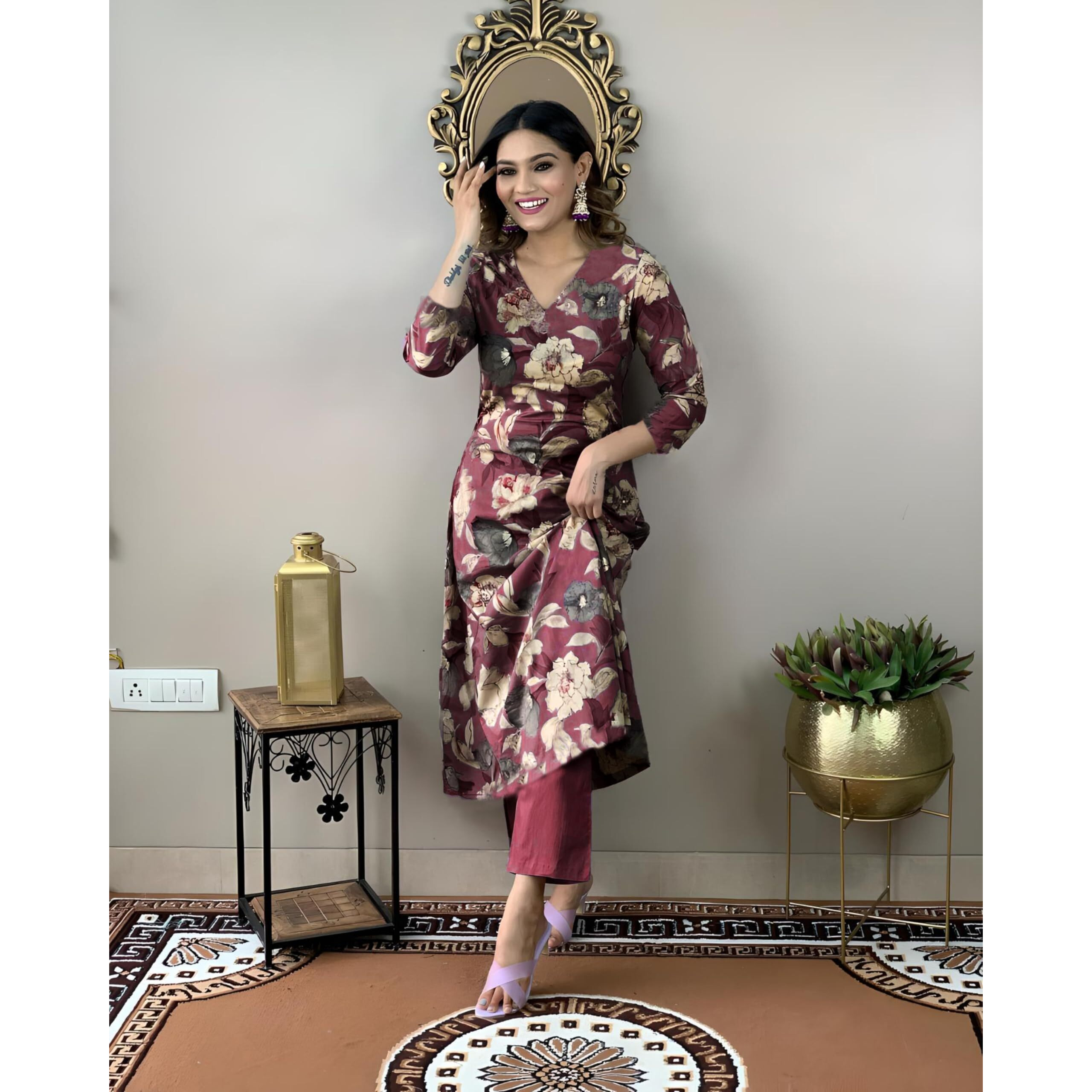 Gosriki Women's Rayon Blend Straight Printed Kurta With Pant (Dhun Wine-Nw-Gs_M_Wine_Medium)