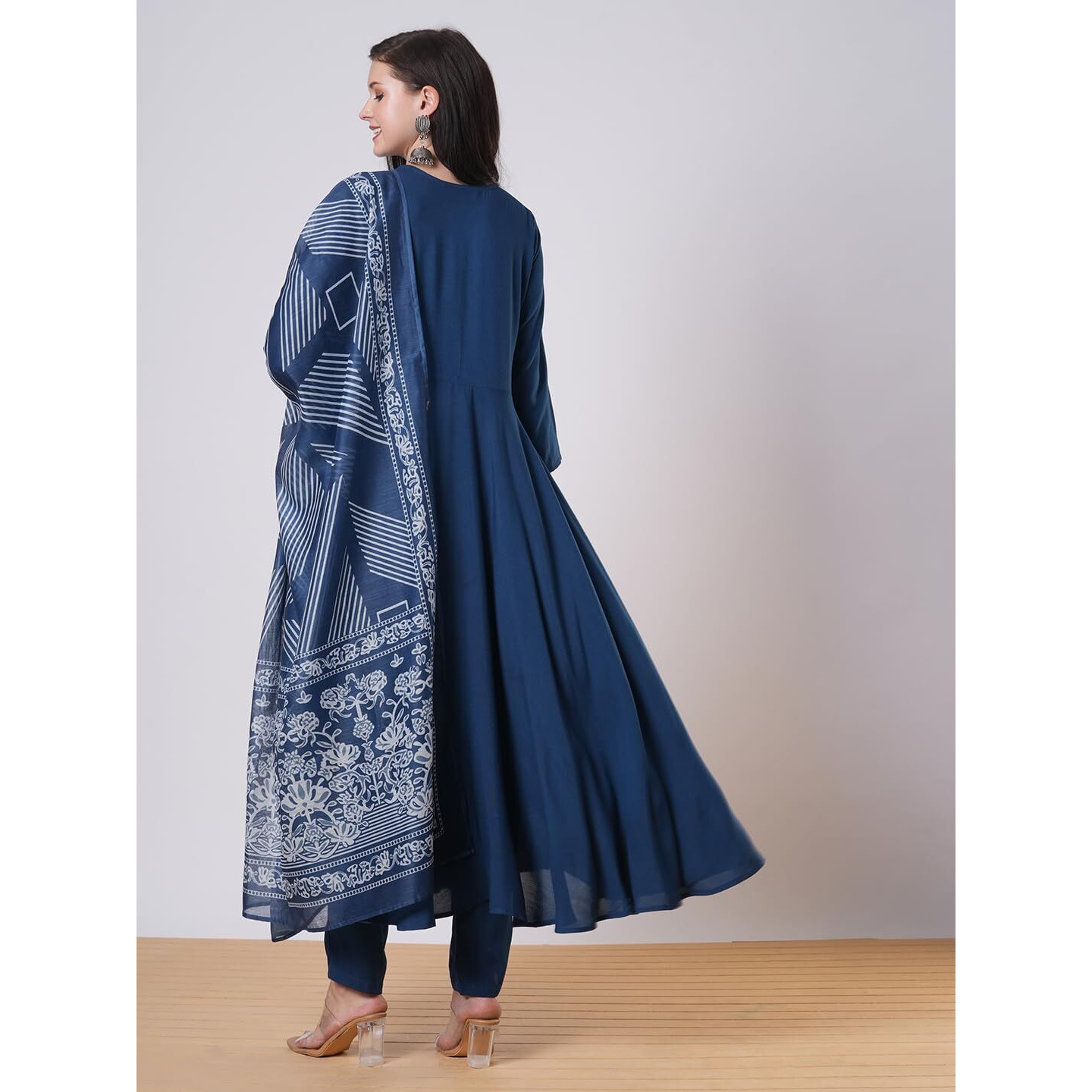 Gosriki Women's Rayon Viscose Solid Anarkali Kurta With Pant & Dupatta (Friday Blue-Vks01-Gs_Xl_Blue_X-Large)
