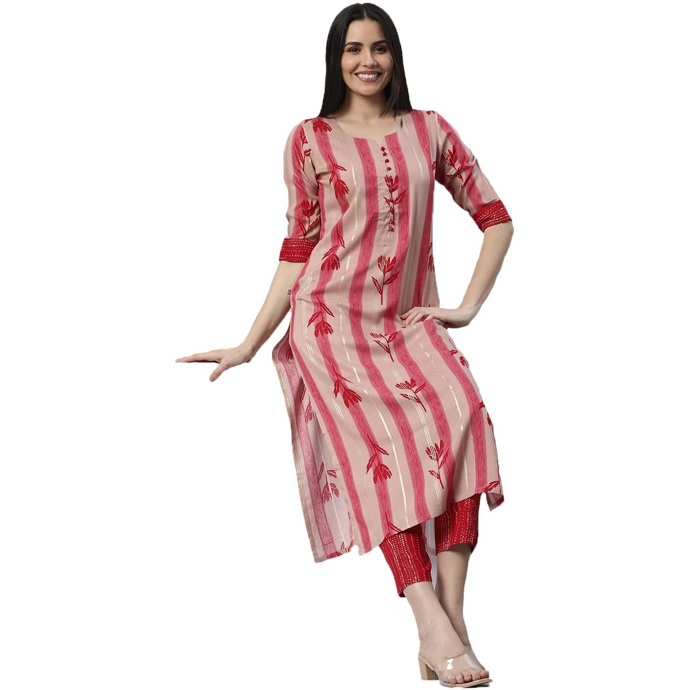 Gosriki Women's Cotton Blend Straight Printed Kurta With Pant (Dania Red-Nw6-Gs_Xxl_Red_Xx-Large)