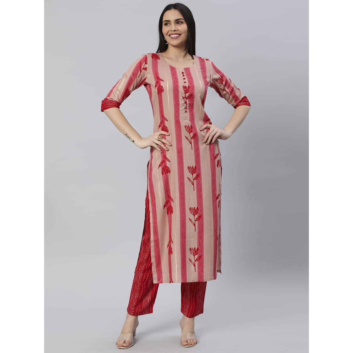 Gosriki Women's Cotton Blend Straight Printed Kurta With Pant (Dania Red-Nw6-Gs_Xxl_Red_Xx-Large)