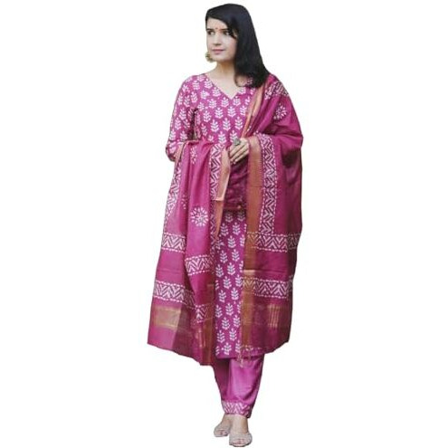 Gosriki Women's Rayon Blend Straight Printed Kurta With Pant & Dupatta (Mrunal Pink-Gs_M_Pink_Medium)