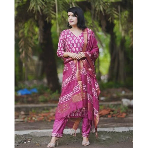 Gosriki Women's Rayon Blend Straight Printed Kurta With Pant & Dupatta (Mrunal Pink-Gs_M_Pink_Medium)