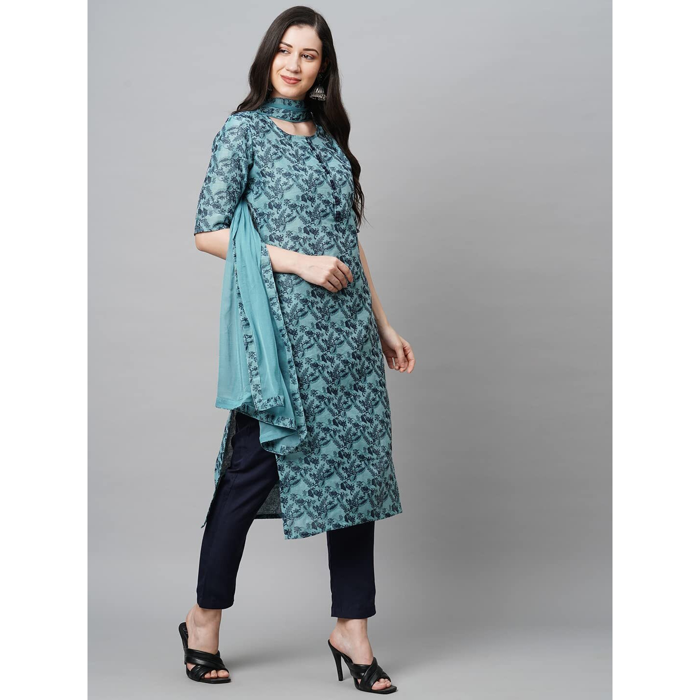 Gosriki Women's Banarasi Silk Straight Printed Kurta With Pant & Dupatta (Banarsi-Blue_L-Gs_Blue_Large)