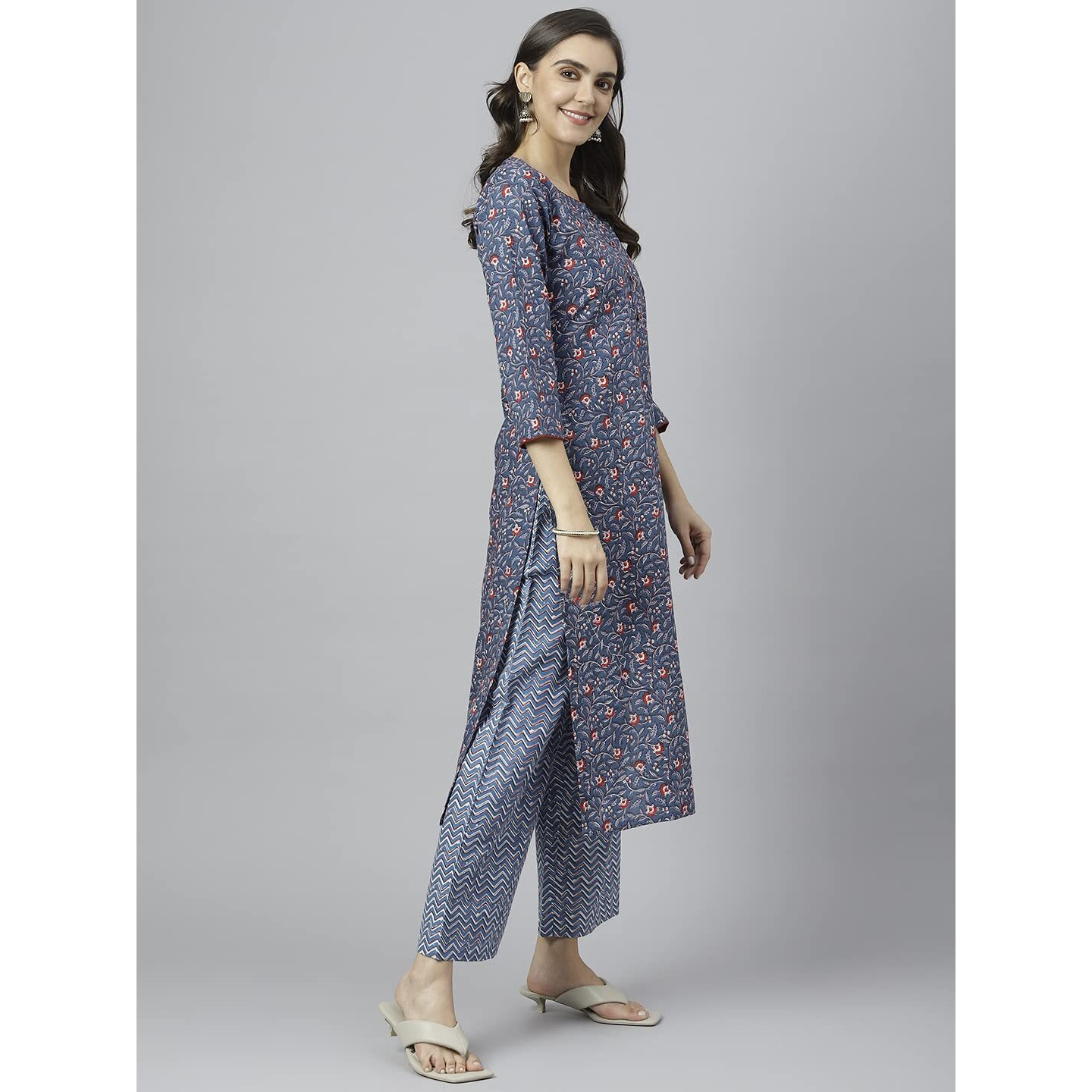 Gosriki Women's Cotton Blend Straight Printed Kurta With Palazzo (Qwerty Blue_L-Go_Blue_Large)