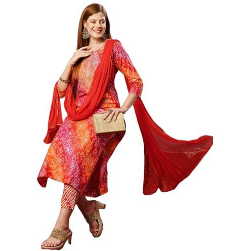 Gosriki Women's Cotton Blend Straight Printed Kurta With Pant & Dupatta (Vedhabali Pink-Jl-Gs_M_Pink_Medium)