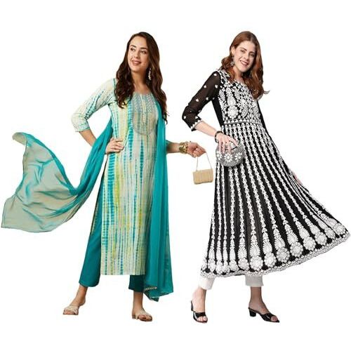 Gosriki Women's Embroidered Kurti & Kurti Pant Dupatta Set Combo Pack Of 2 (Tiedye-Rama Blue & Kari Black-Gs_L_Multi_Large)