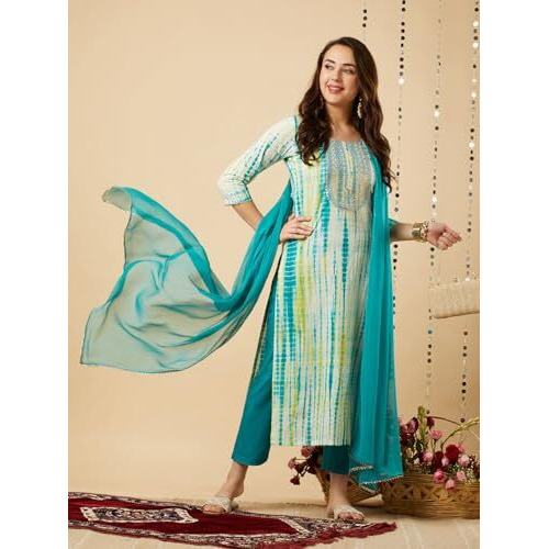 Gosriki Women's Embroidered Kurti & Kurti Pant Dupatta Set Combo Pack Of 2 (Tiedye-Rama Blue & Kari Black-Gs_L_Multi_Large)