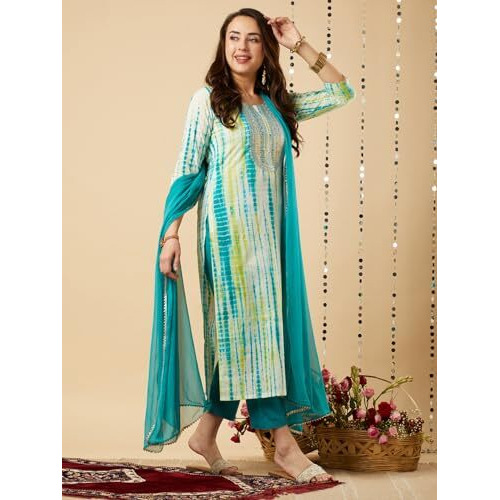 Gosriki Women's Embroidered Kurti & Kurti Pant Dupatta Set Combo Pack Of 2 (Tiedye-Rama Blue & Kari Black-Gs_L_Multi_Large)
