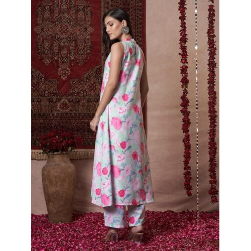 Gosriki Women's Rayon Viscose Anarkali Printed Kurta With Pant (Thomas Pista-Vks01-Gs_S_Pista_Small)