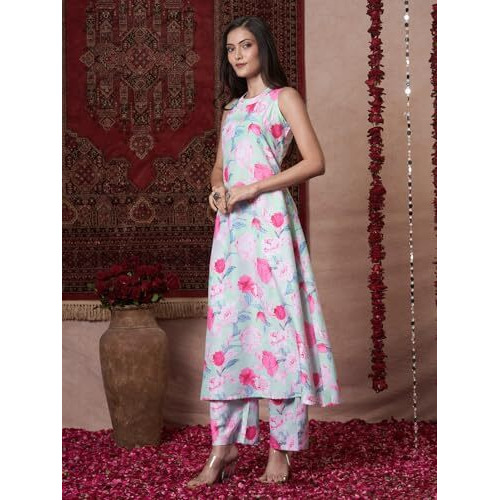 Gosriki Women's Rayon Viscose Anarkali Printed Kurta With Pant (Thomas Pista-Vks01-Gs_S_Pista_Small)