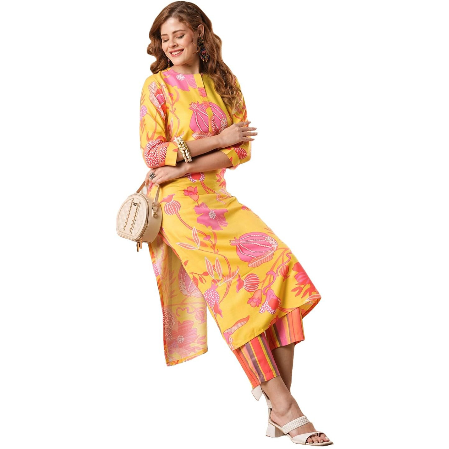 Gosriki Women's Rayon Blend Straight Printed Kurta With Pant (Kalol Yellow-Vks01-Gs_L_Yellow_Large)