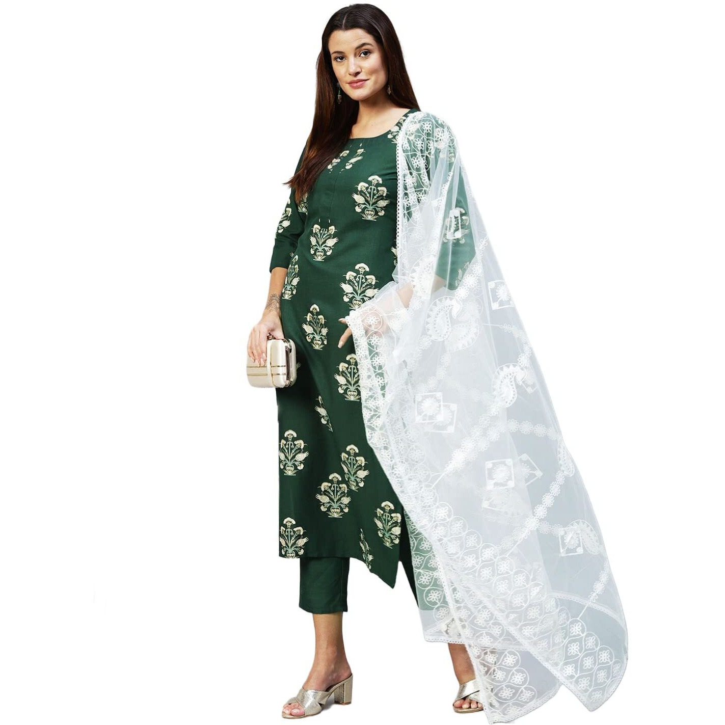 Gosriki Women's Cotton Blend Printed Straight Kurta With Pant & Dupatta (Flower-Nw-Green_Xxl-Gs_Green_Xx-Large)