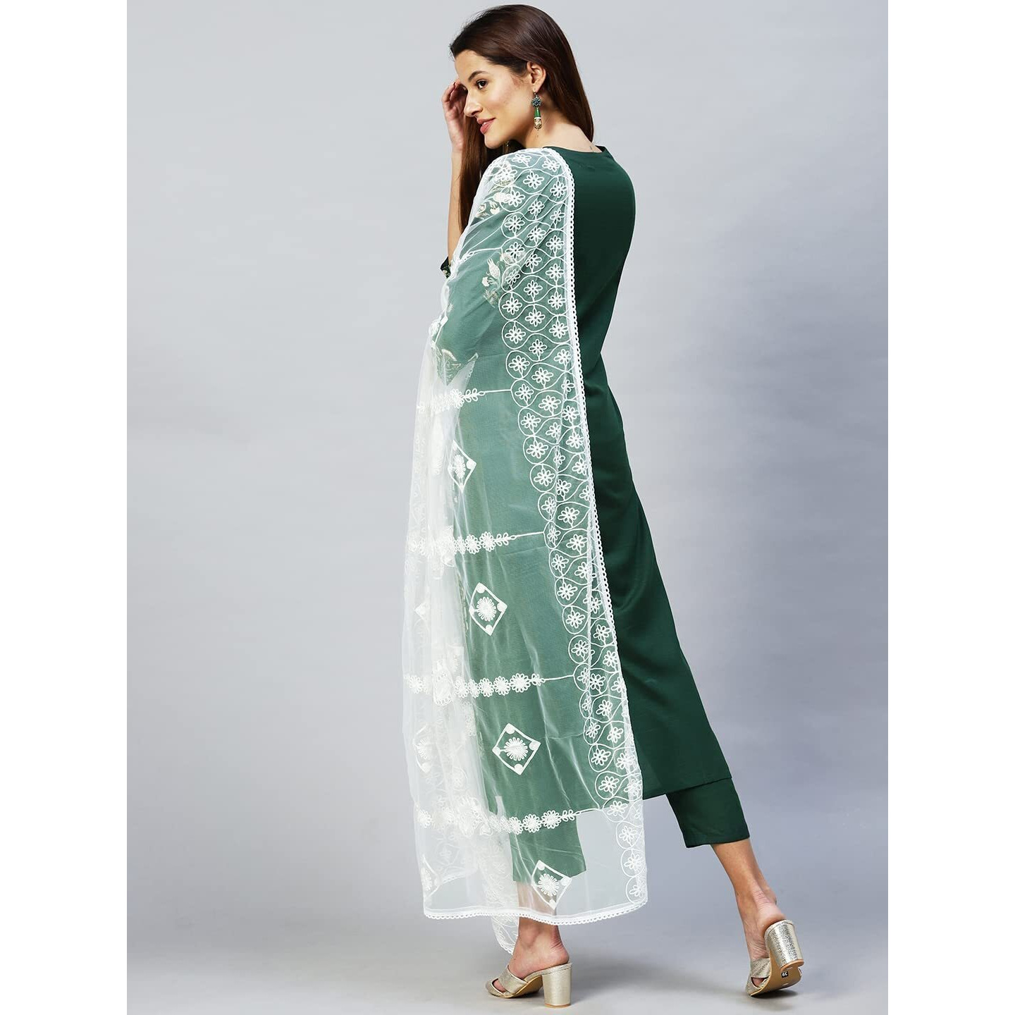 Gosriki Women's Cotton Blend Printed Straight Kurta With Pant & Dupatta (Flower-Nw-Green_Xxl-Gs_Green_Xx-Large)