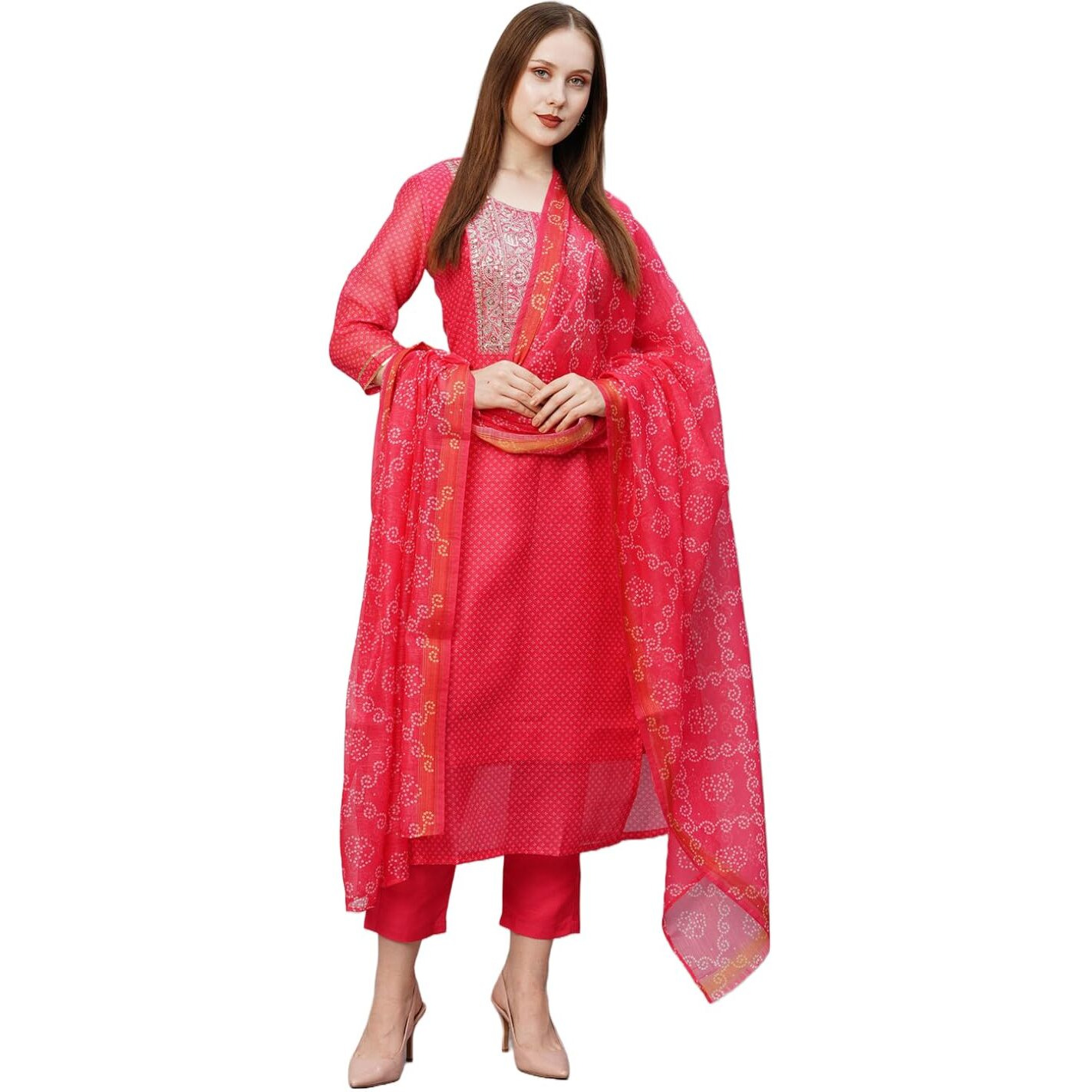 Gosriki Women's Cotton Blend Straight Printed & Embroidered Kurta With Pant & Dupatta (Radha Rani-Nw-Gs_Xl_Pink_X-Large)