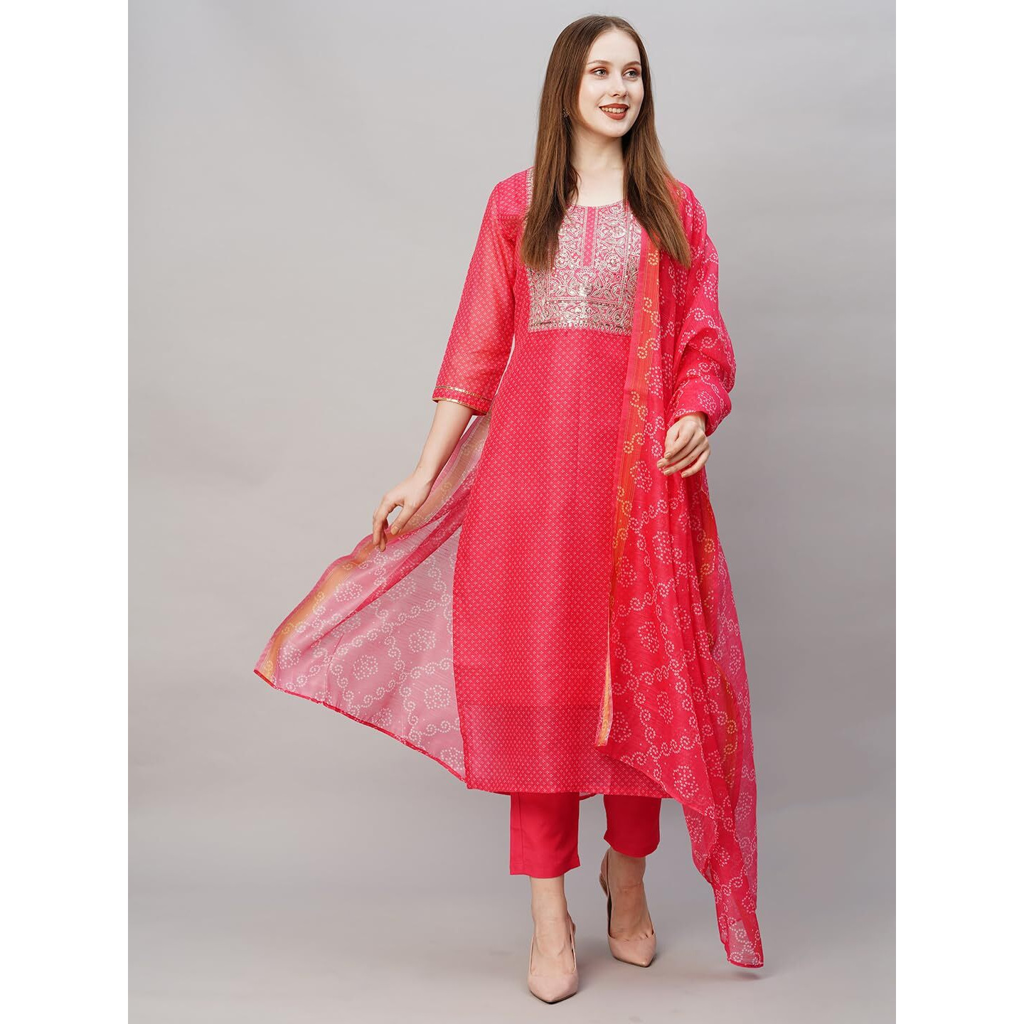 Gosriki Women's Cotton Blend Straight Printed & Embroidered Kurta With Pant & Dupatta (Radha Rani-Nw-Gs_Xl_Pink_X-Large)