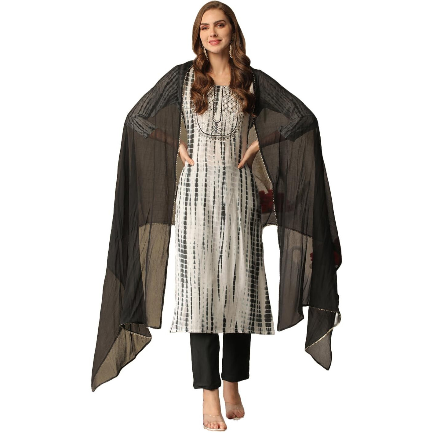 Gosriki Women's Rayon Blend Straight Printed Kurta With Pant & Dupatta (Tiedye Black-Nw-Gs_Xxl_Black_Xx-Large)