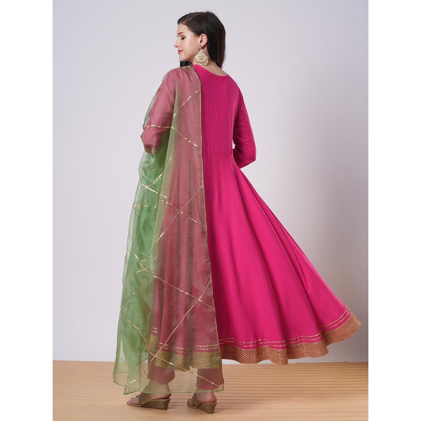 Gosriki Women's Rayon Viscose Solid Anarkali Kurta With Pant & Dupatta (Samda Rani-Vks01-Gs_S_Pink_Small)