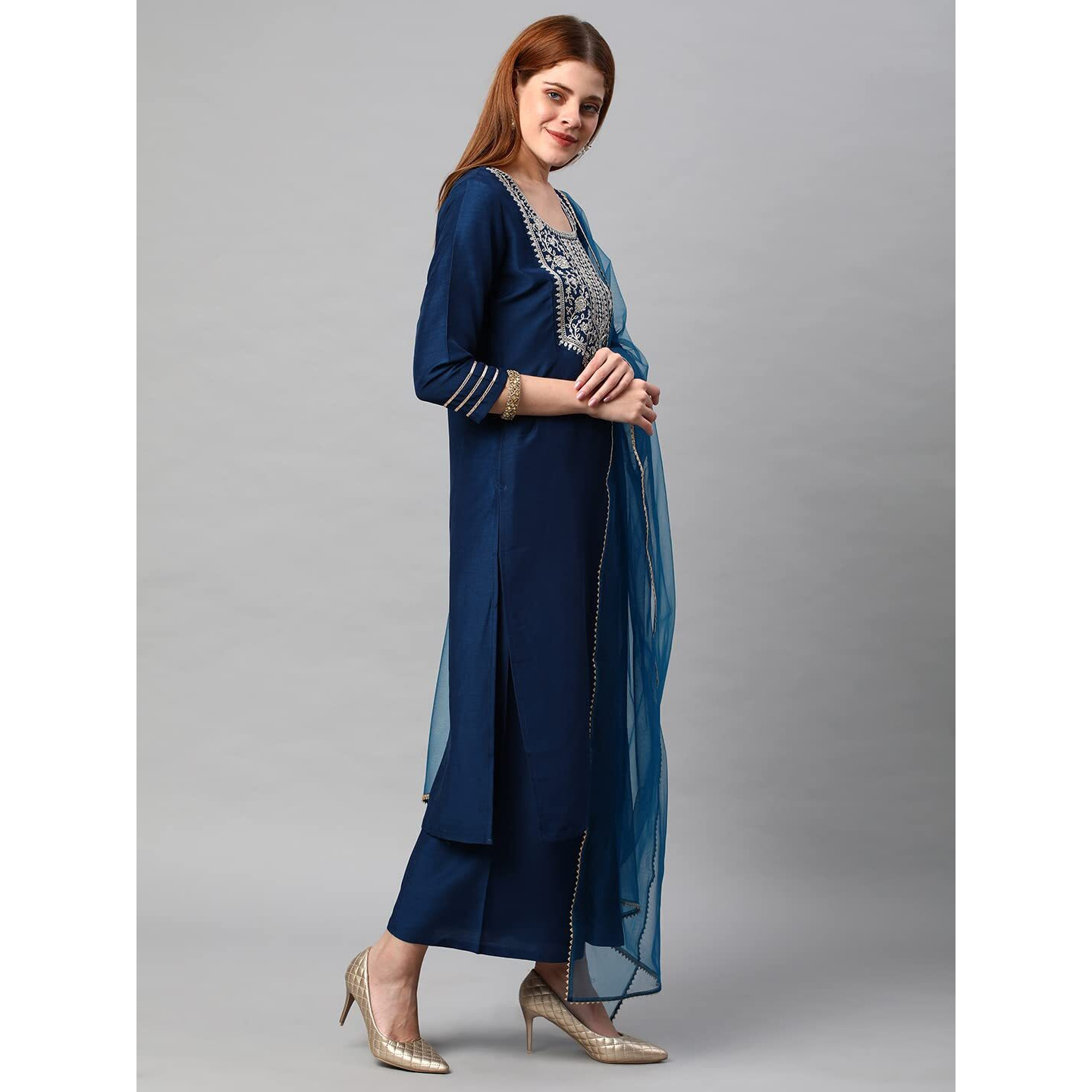 Gosriki Women's Cotton Blend Solid Straight Kurta With Palazzos & Dupatta (Dharan-Cerosin-Gs_S_Dark Blue_Small)