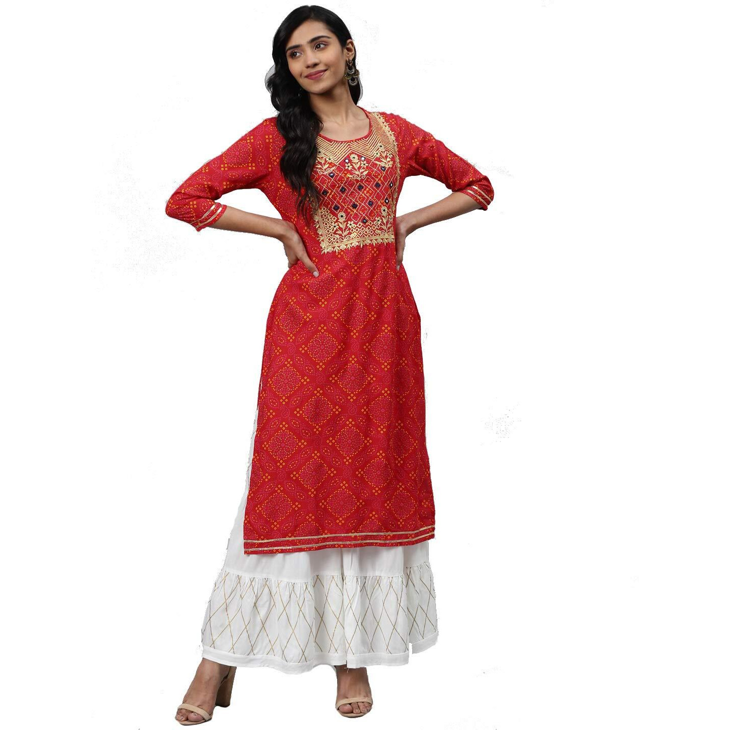 Gosriki Women's Red & White Bandhani Print Kurta With Sharara Set