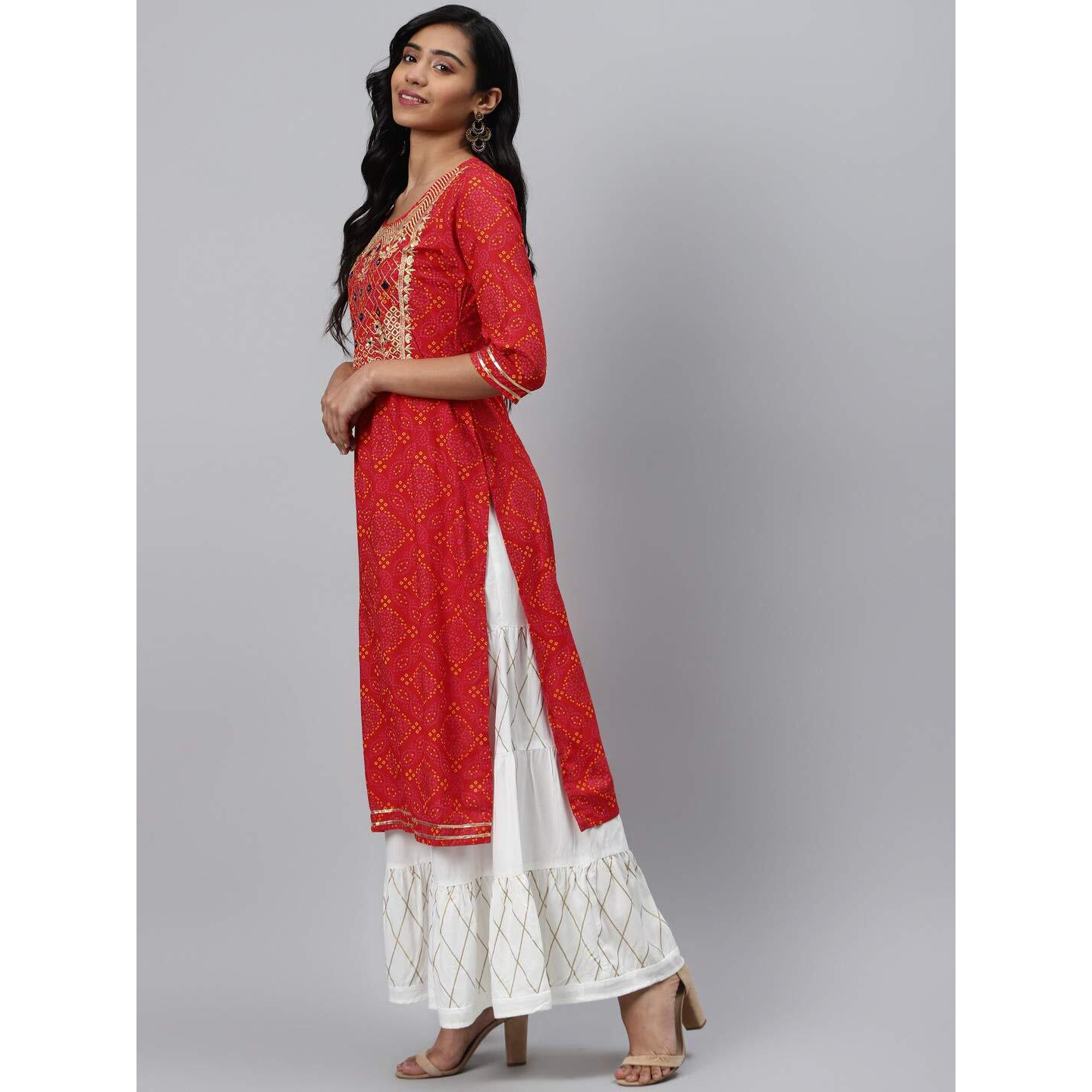 Gosriki Women's Red & White Bandhani Print Kurta With Sharara Set