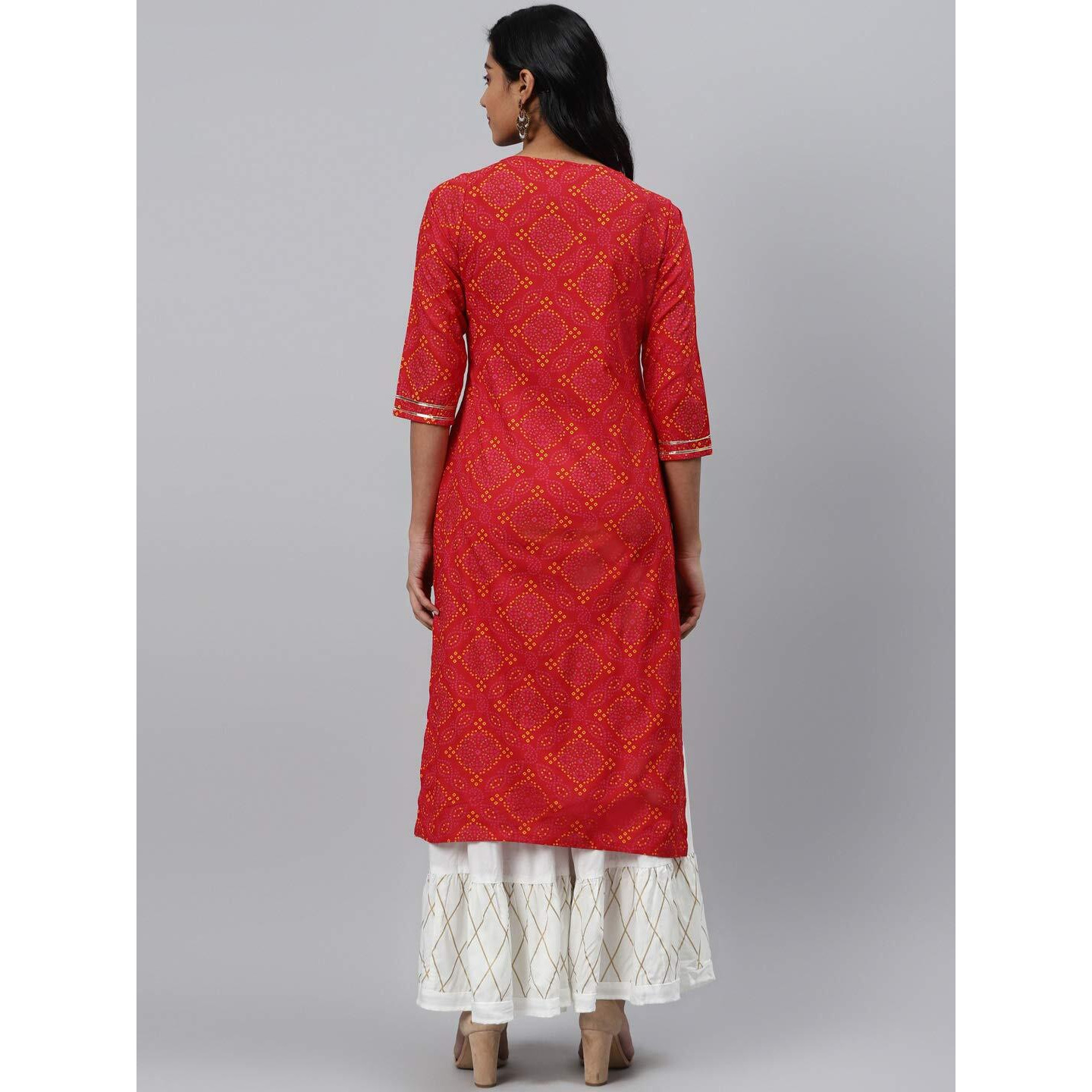 Gosriki Women's Red & White Bandhani Print Kurta With Sharara Set