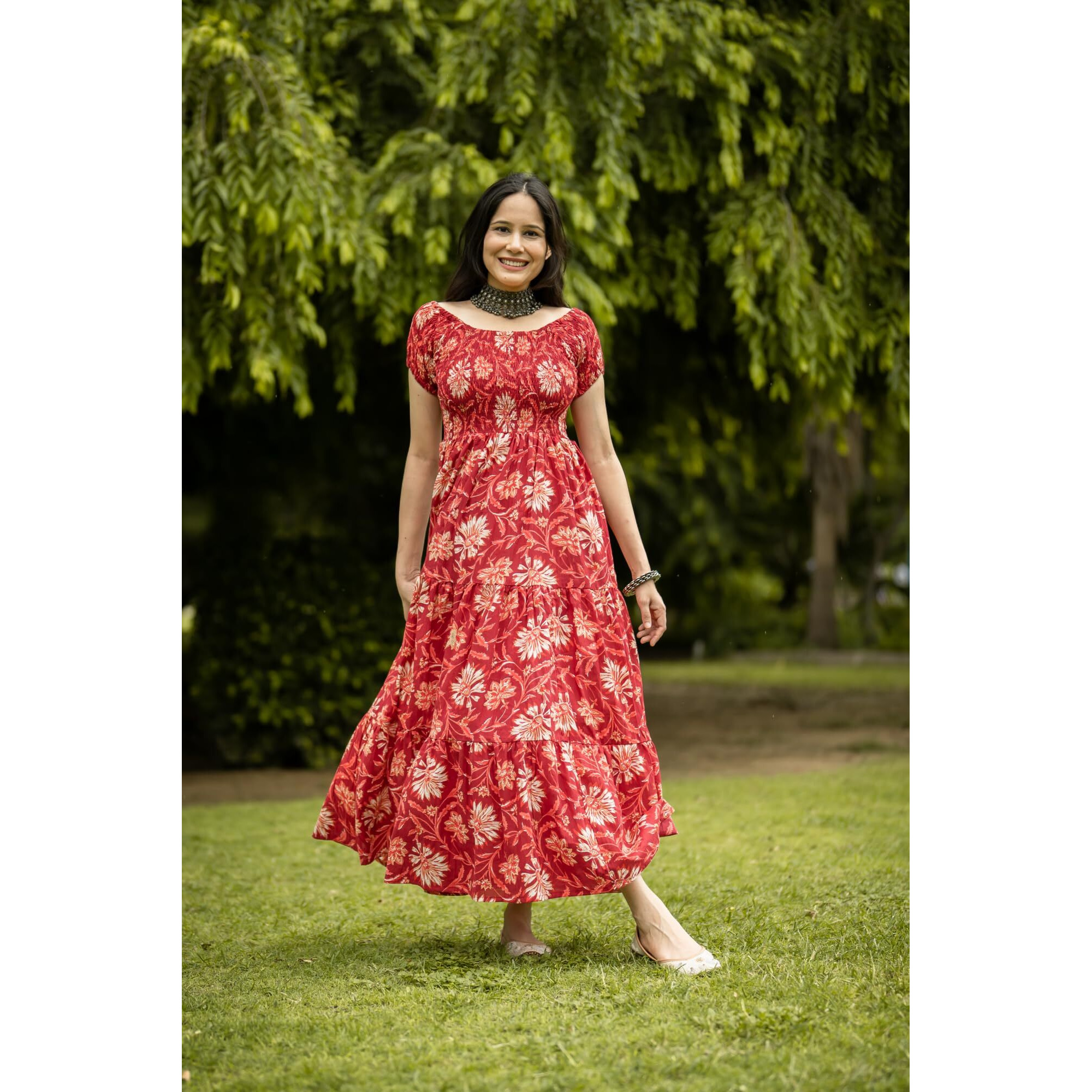 Gosriki Women's Cotton Blend Anarkali Printed Long Kurta (Maulik Red-Gs_M_Red_Medium)