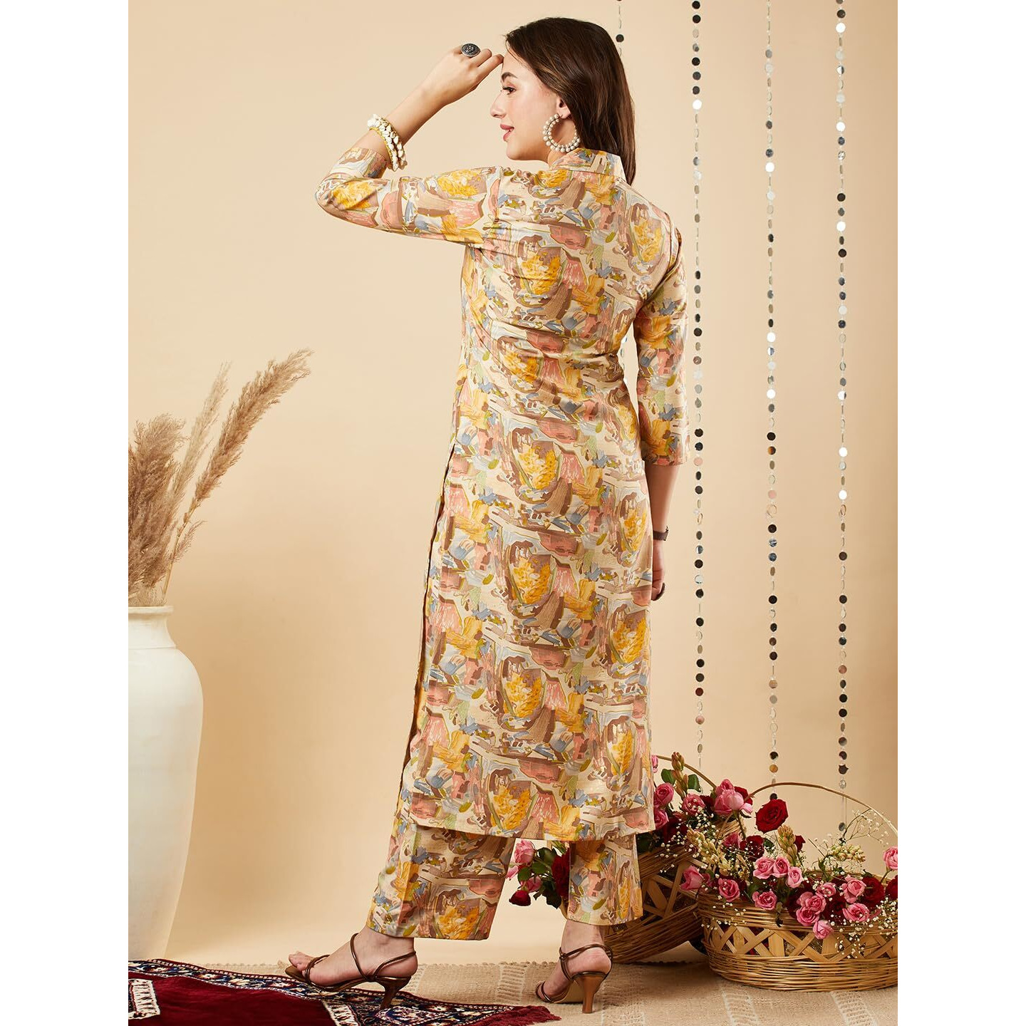 Gosriki Women's Cotton Blend Printed Straight Kurta With Palazzo Set (Half Yellow-Nw-Gs_M_Yellow_Medium)