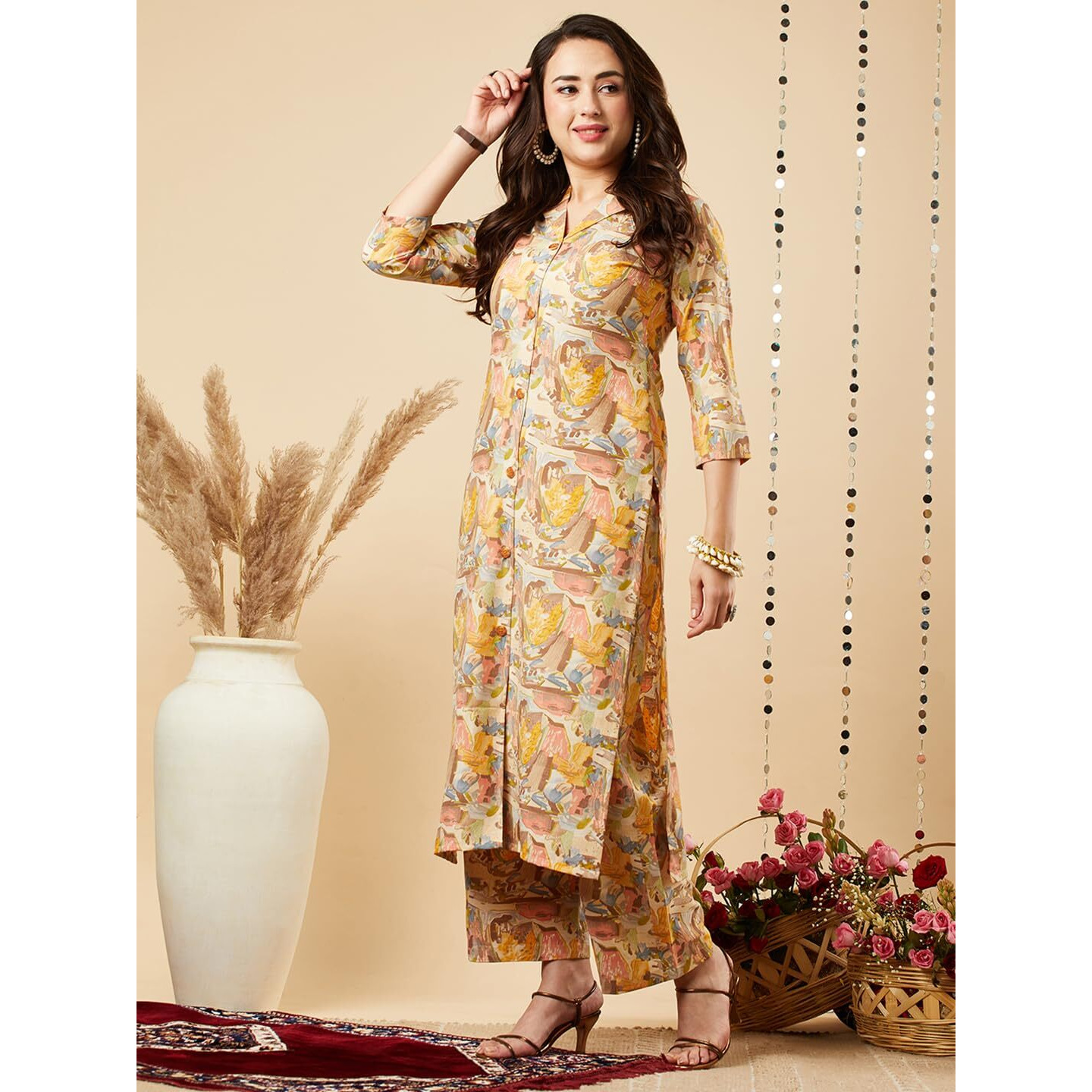 Gosriki Women's Cotton Blend Printed Straight Kurta With Palazzo Set (Half Yellow-Nw-Gs_M_Yellow_Medium)