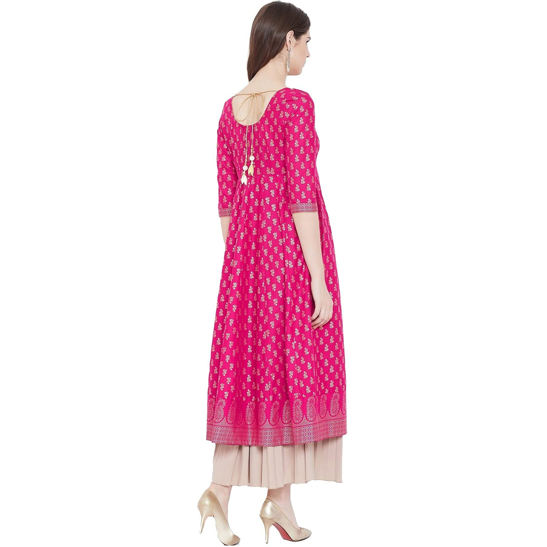 Gosriki Women's Rayon Printed Anarkali Kurta(Ninecolor Pink_Xl_Pink_X-Large)