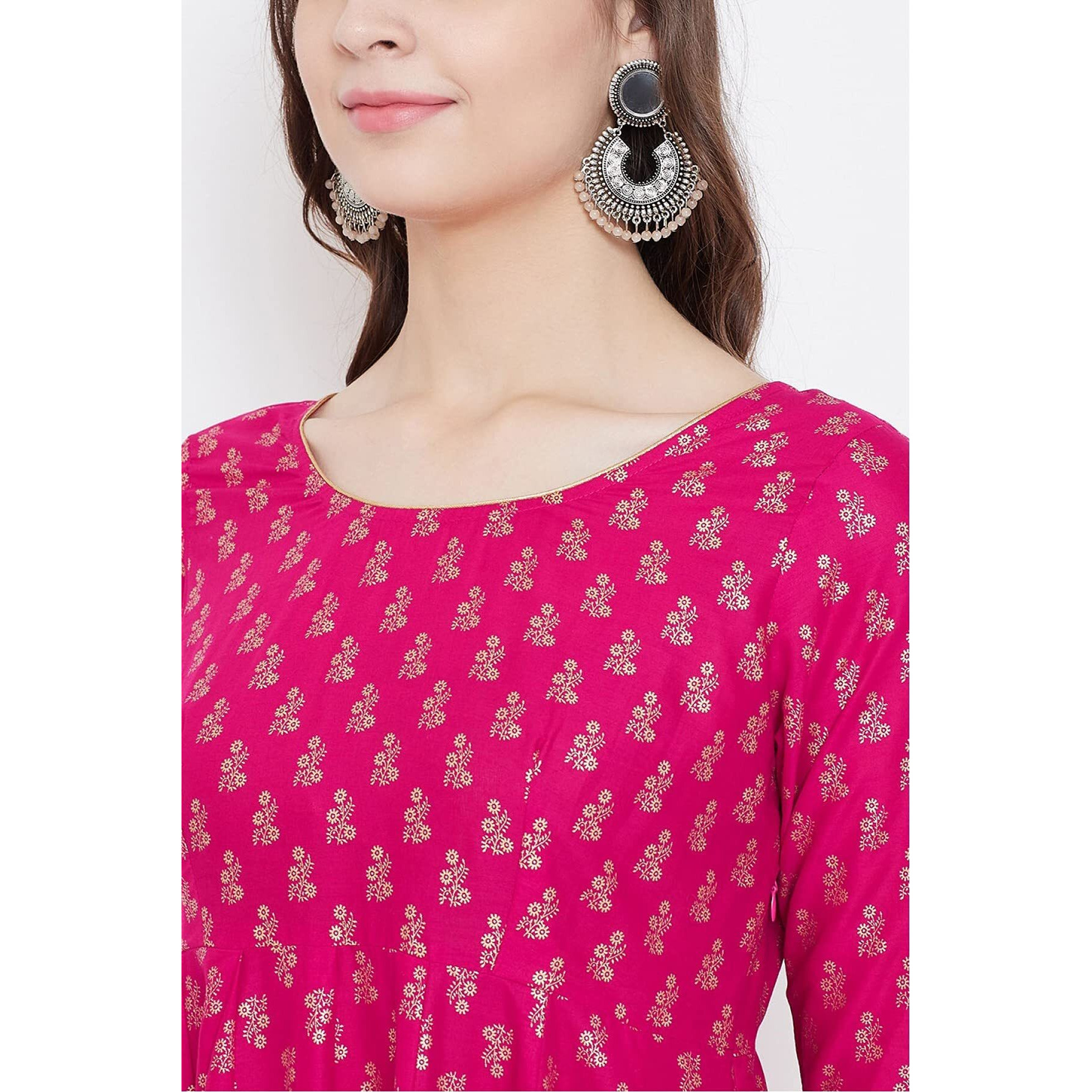 Gosriki Women's Rayon Printed Anarkali Kurta(Ninecolor Pink_Xl_Pink_X-Large)