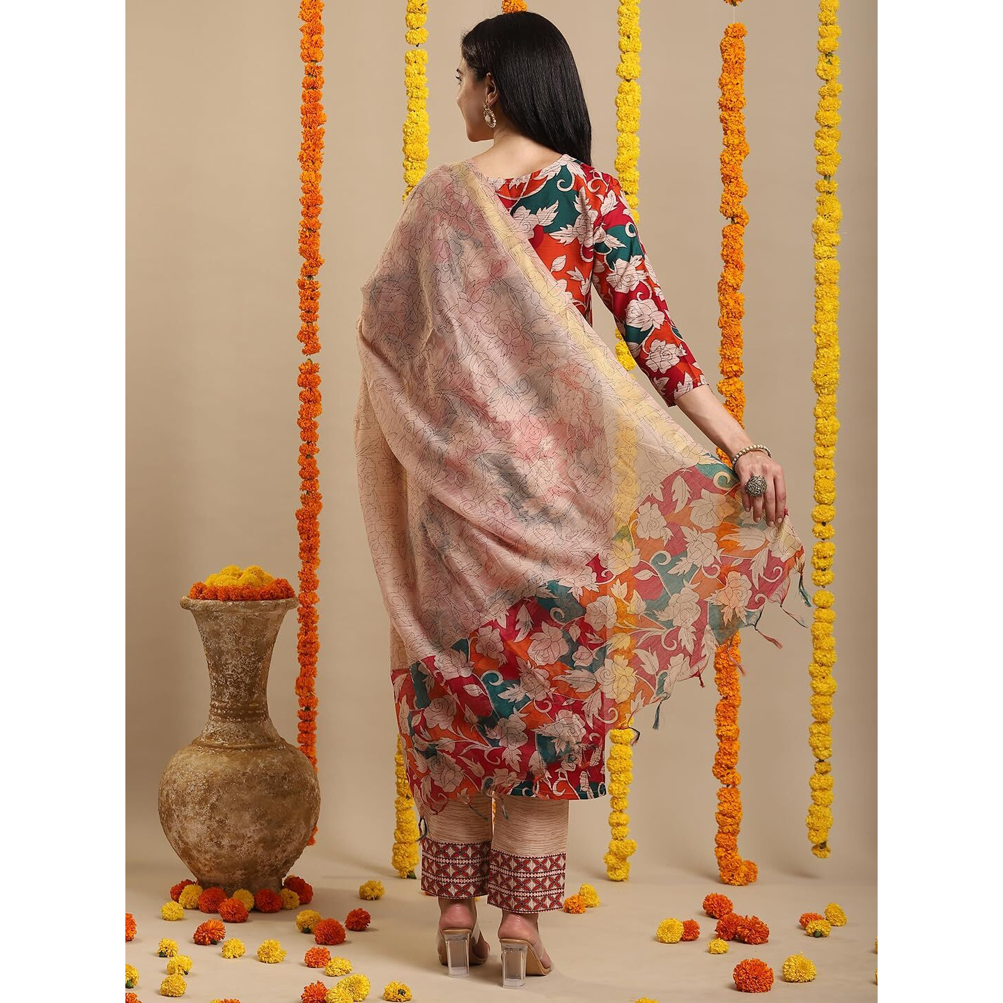 Gosriki Women's Rayon Blend Straight Printed Kurta With Pant & Dupatta (Candy Beige-Vks01-Gs_S_Beige_Small)