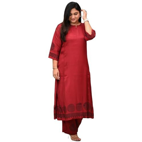 Gosriki Women's Rayon Viscose Straight Printed Kurta With Pant (Ramkund Red-Gs_M_Red_Medium)