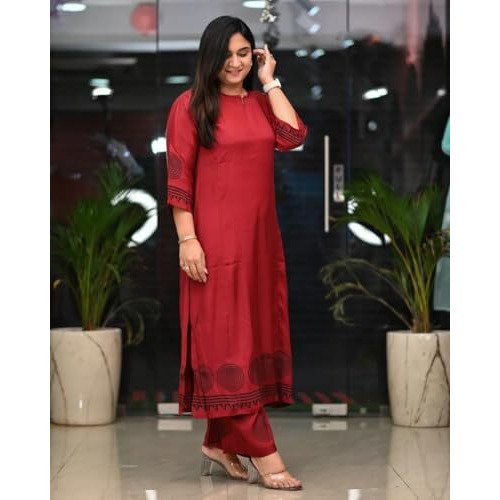 Gosriki Women's Rayon Viscose Straight Printed Kurta With Pant (Ramkund Red-Gs_M_Red_Medium)