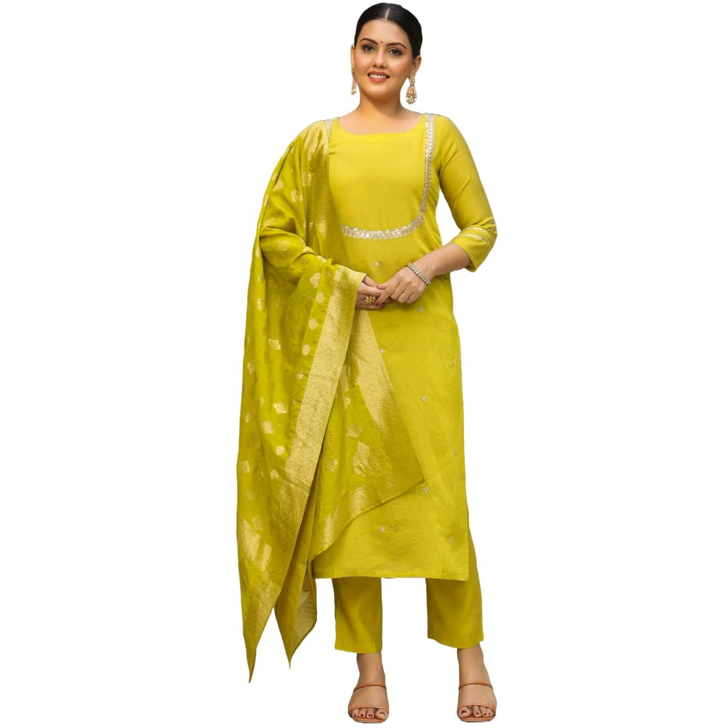 Gosriki Women's Silk Blend Straight Embroidered Kurta With Pant & Dupatta (Deluxe Green-Vks03-Gs_Xl_Green_X-Large)