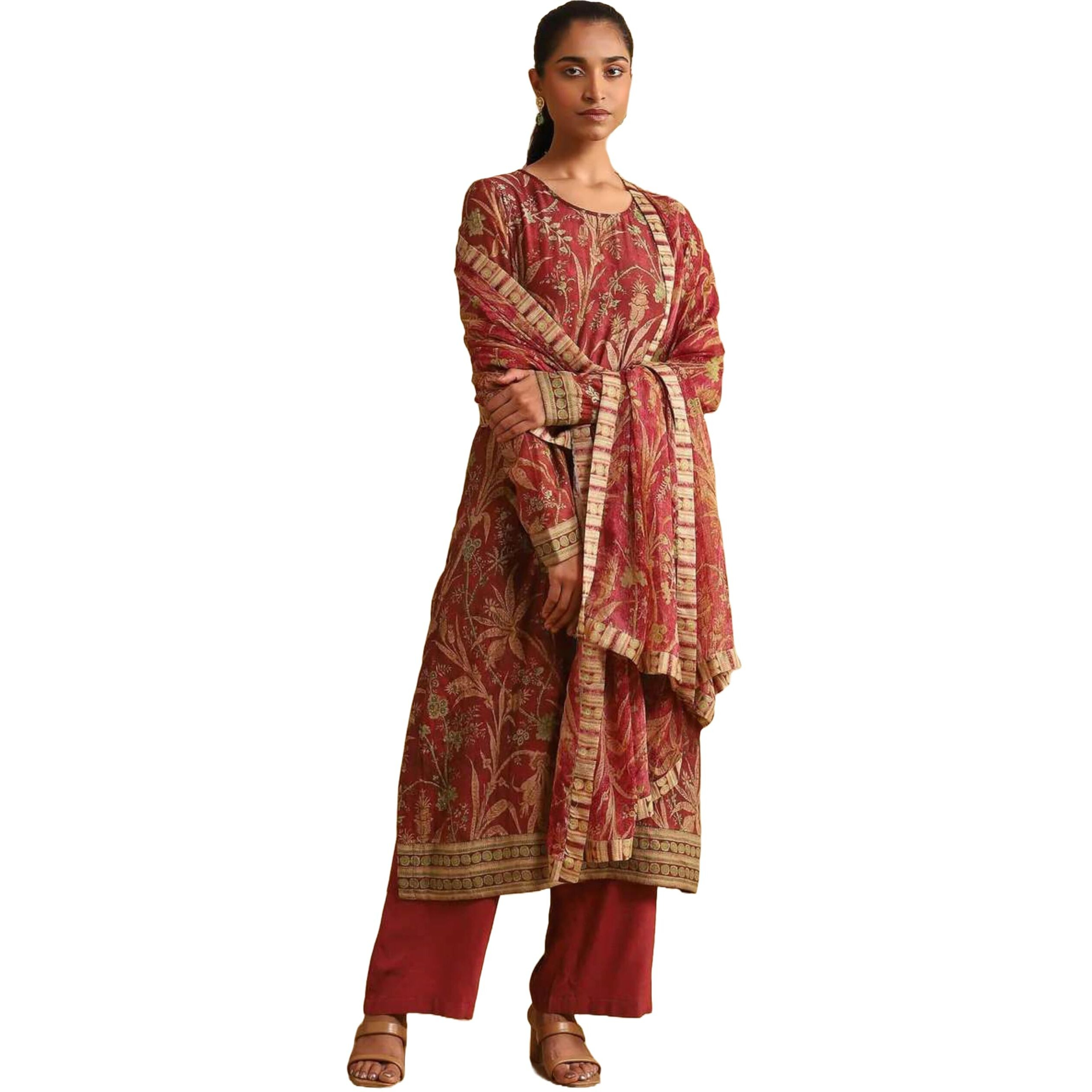 Gosriki Women's Rayon Viscose Straight Printed Kurta With Pant & Dupatta (Anidra Red-Gs_L_Red_Large)