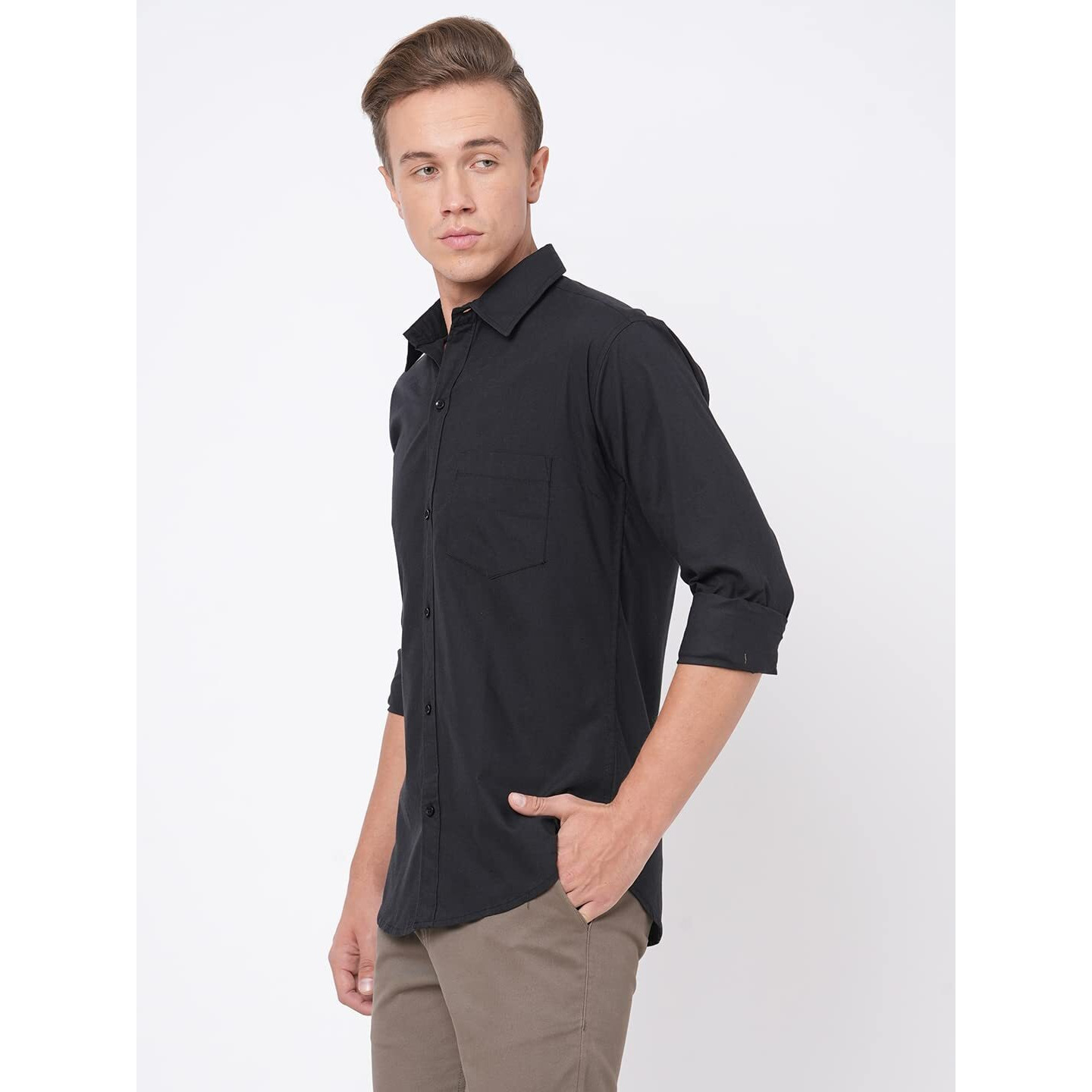 Gosriki Men's Cotton Blend Solid Slim Fit Casual Full Sleeves Shirt (Rikk-Black-Nw-Gs_Xl_Black_X-Large)