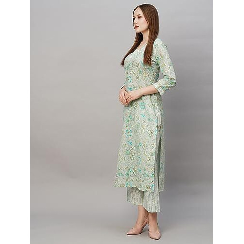 Gosriki Women's Cotton Blend Printed Straight Kurta With Pant (Vira Grey-Gs_M_Grey_Medium)