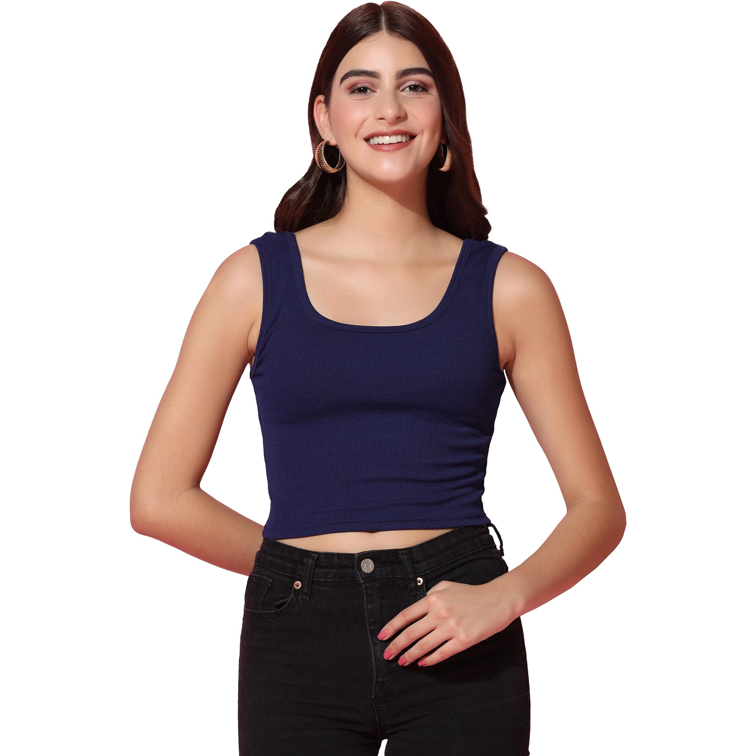 Toplot Women's Solid Ribbed Round Neck Sleeveless Slim Fit Tank Top (Tank-Top-5069-Navy-M)