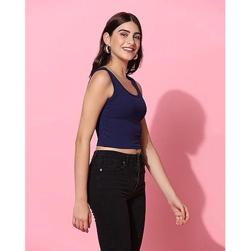 Toplot Women's Solid Ribbed Round Neck Sleeveless Slim Fit Tank Top (Tank-Top-5069-Navy-M)