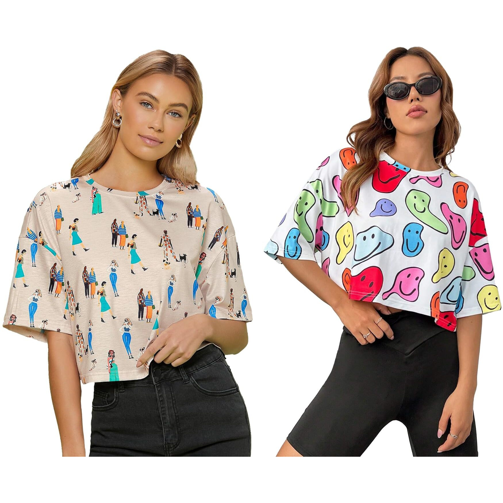 Toplot Women's Casual Printed Crop Top With Half Sleeve Pack Of 2 (Combo-5098-Cku-Mlt-Xs)